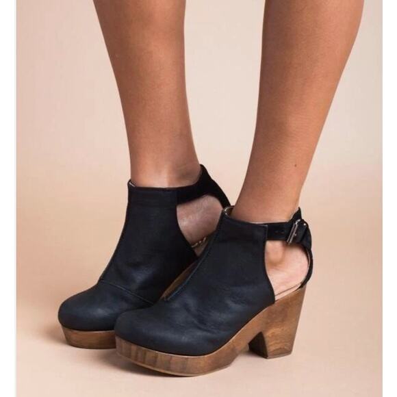 Free People Clogs Sz 37 US 6.5 7 Amber Orchard Clog Wood Platform Leather Black - Picture 13 of 13